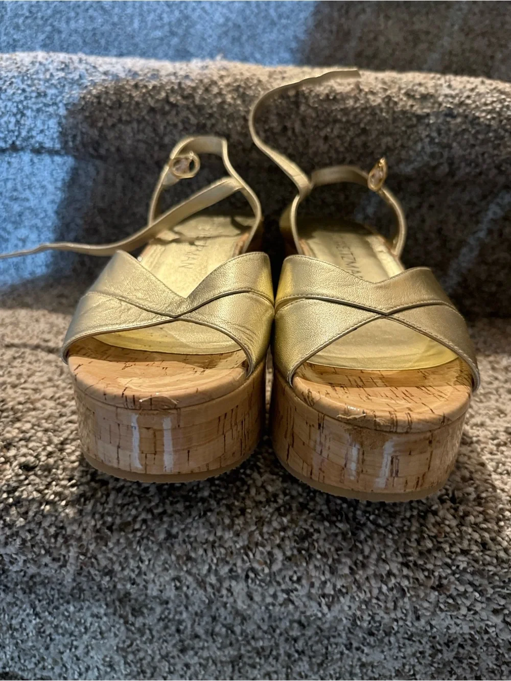 Stuart Weitzman Metallic Gold Cork Platform Wedge Sandals - Picture 3 of 5
